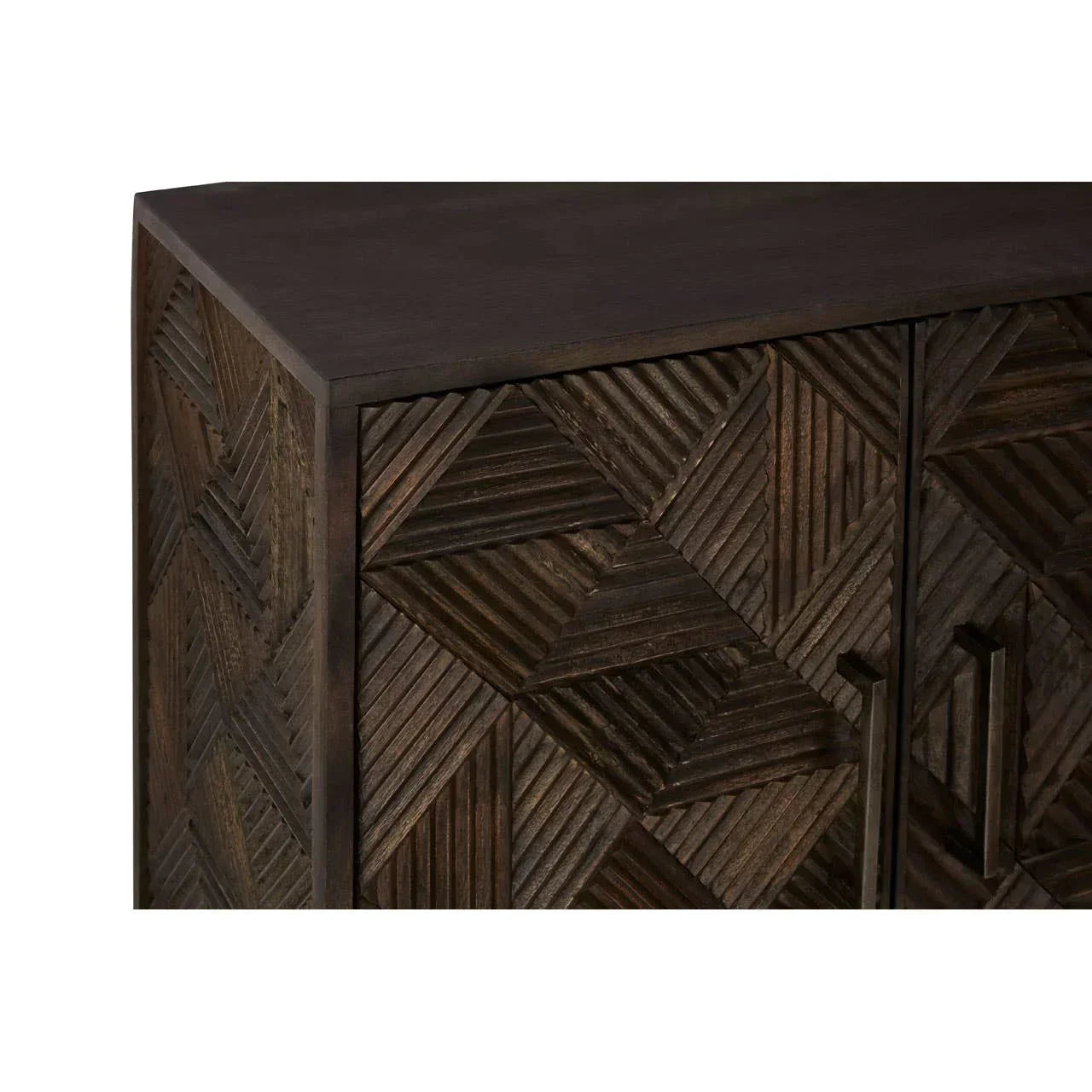 Dark wood sideboard with geometric carved door panels and metal handles, corner view