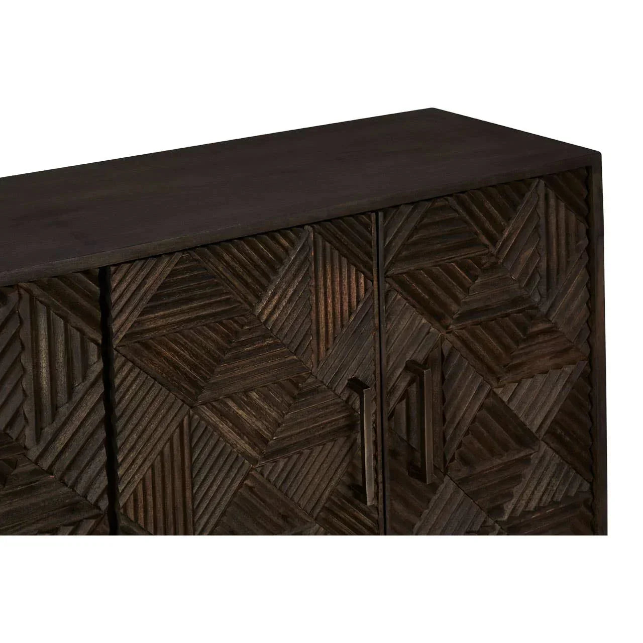 Dark wood sideboard with geometric carved door panels and metal handles, front angle view