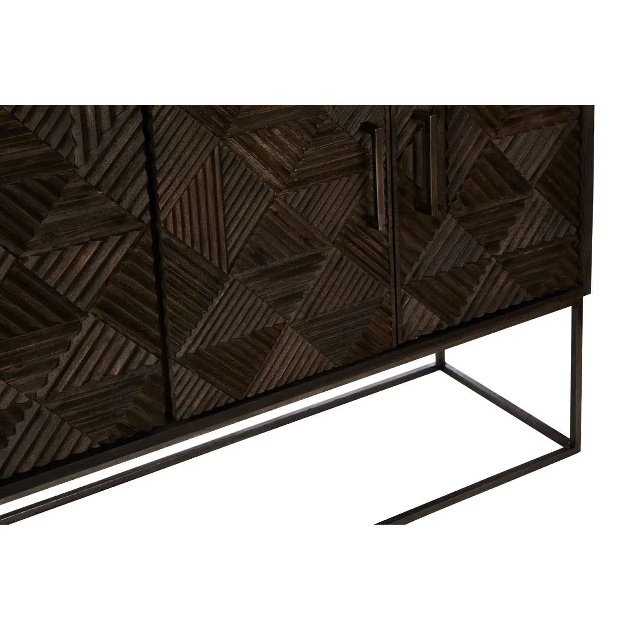 Dark wood sideboard with geometric carved pattern and metal legs