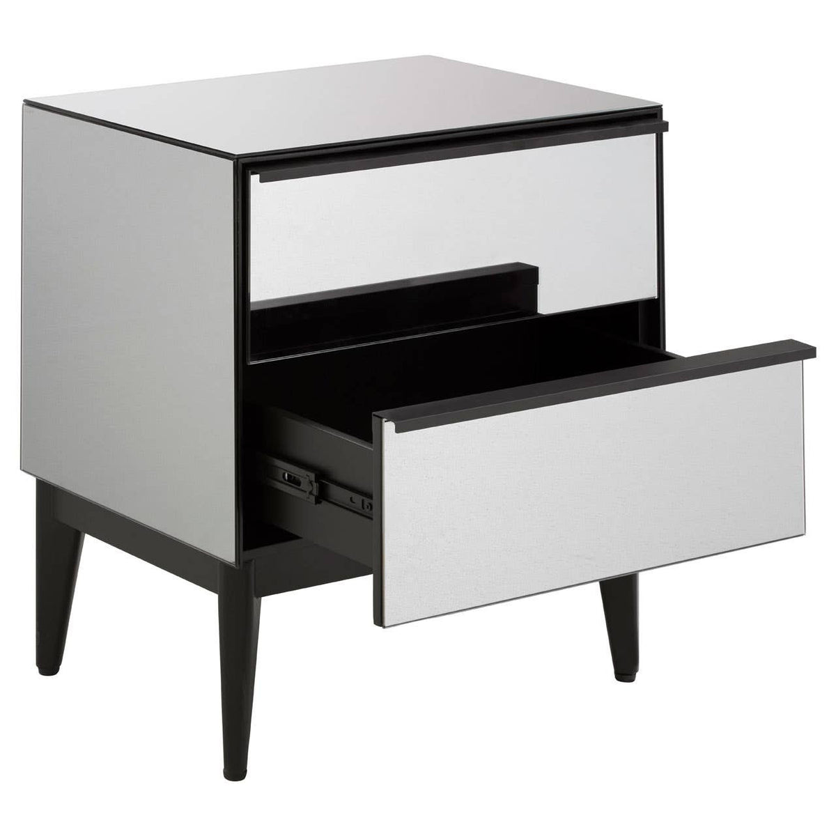 A modern two-drawer chest featuring a sleek mirrored front and a black frame, with one drawer partially open to reveal a spacious interior. The chest stands on four tapered legs, adding a contemporary touch to home decor