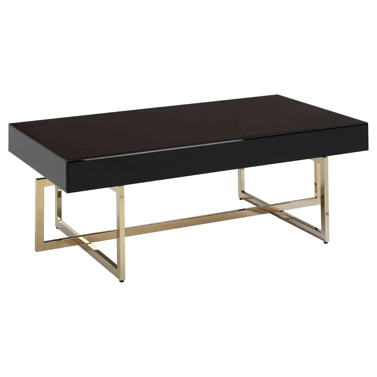Black coffee table with glossy finish and gold metal legs, modern rectangular design