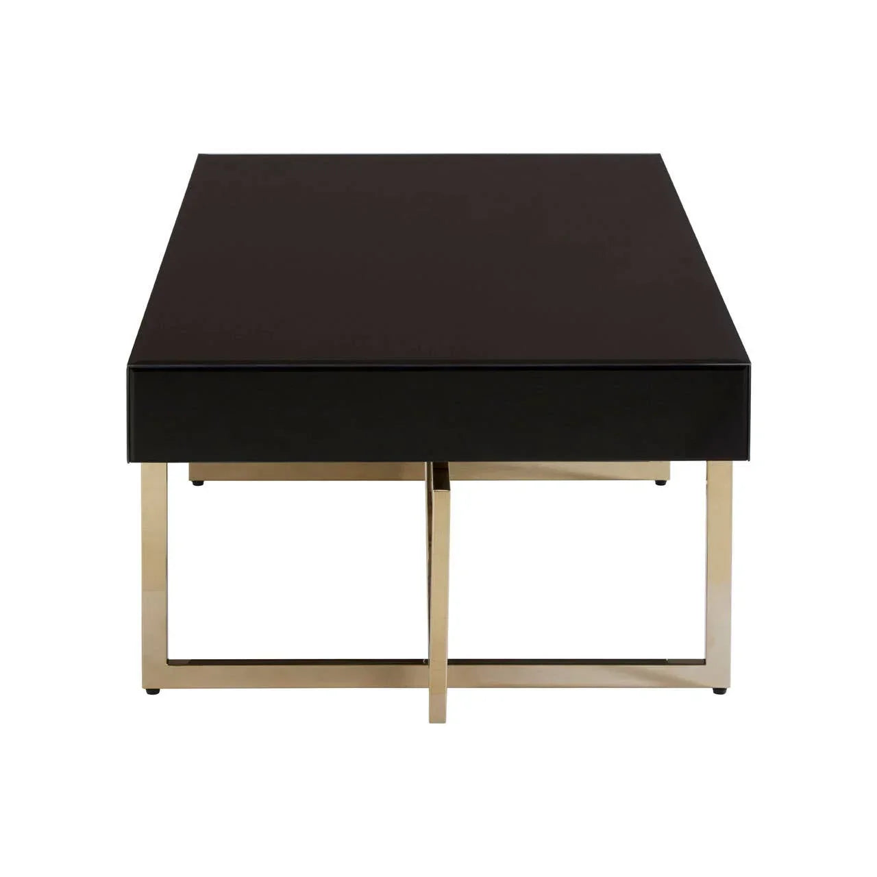 Rectangular black coffee table with gold metal legs, front view