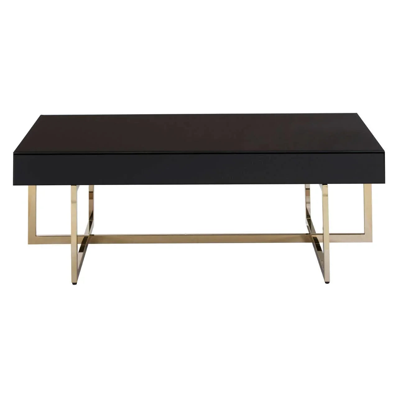 Black coffee table with gold metal legs, modern rectangular design, front view