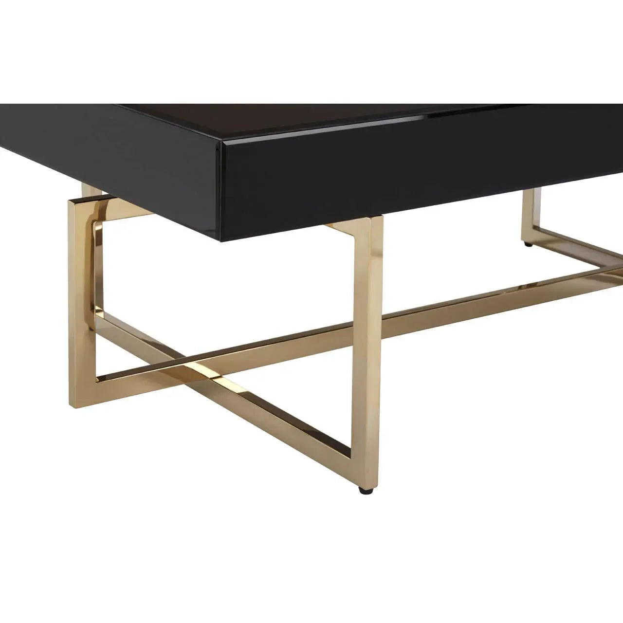 Black coffee table with gold metal frame and modern geometric base