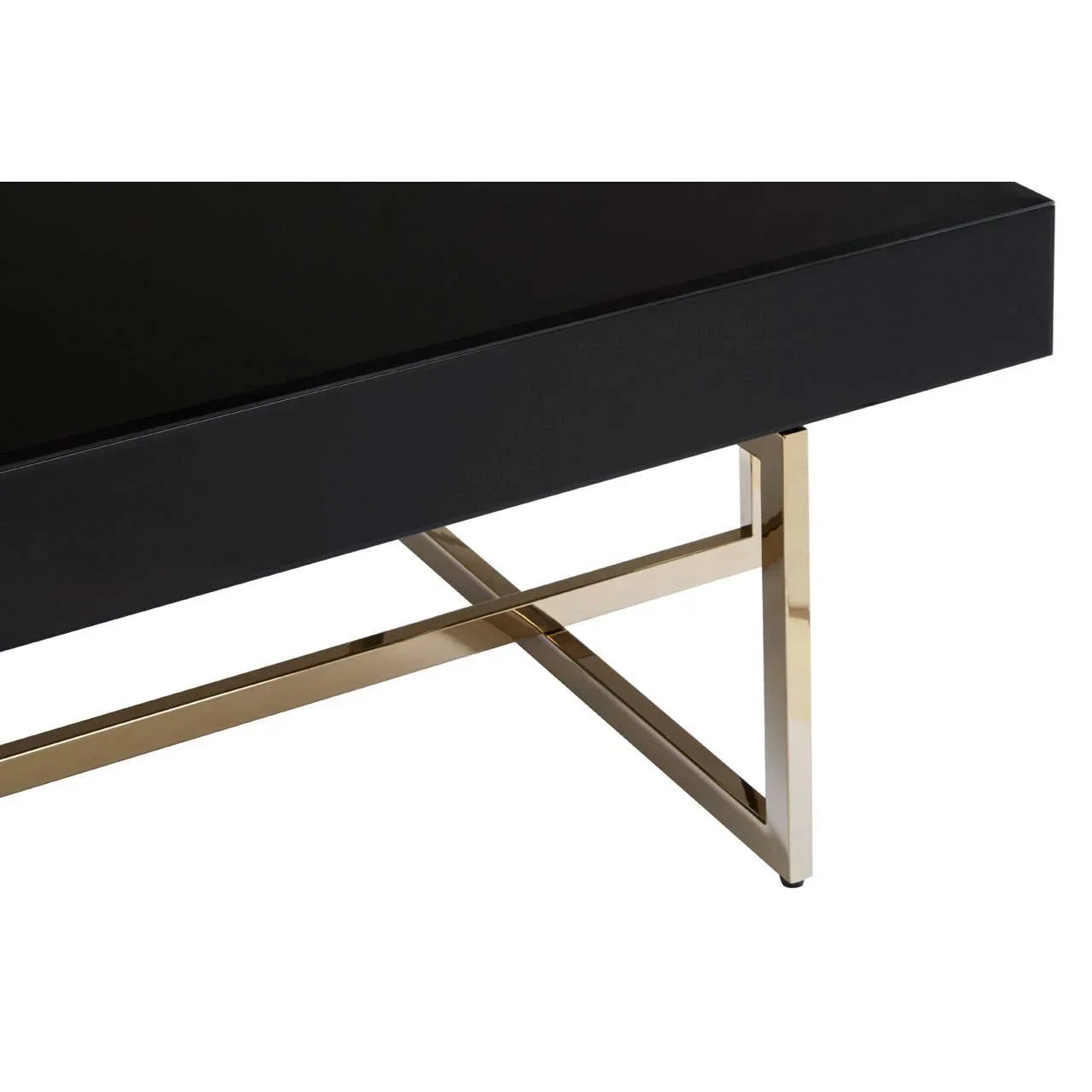 Black coffee table with gold metal legs and cross frame detail