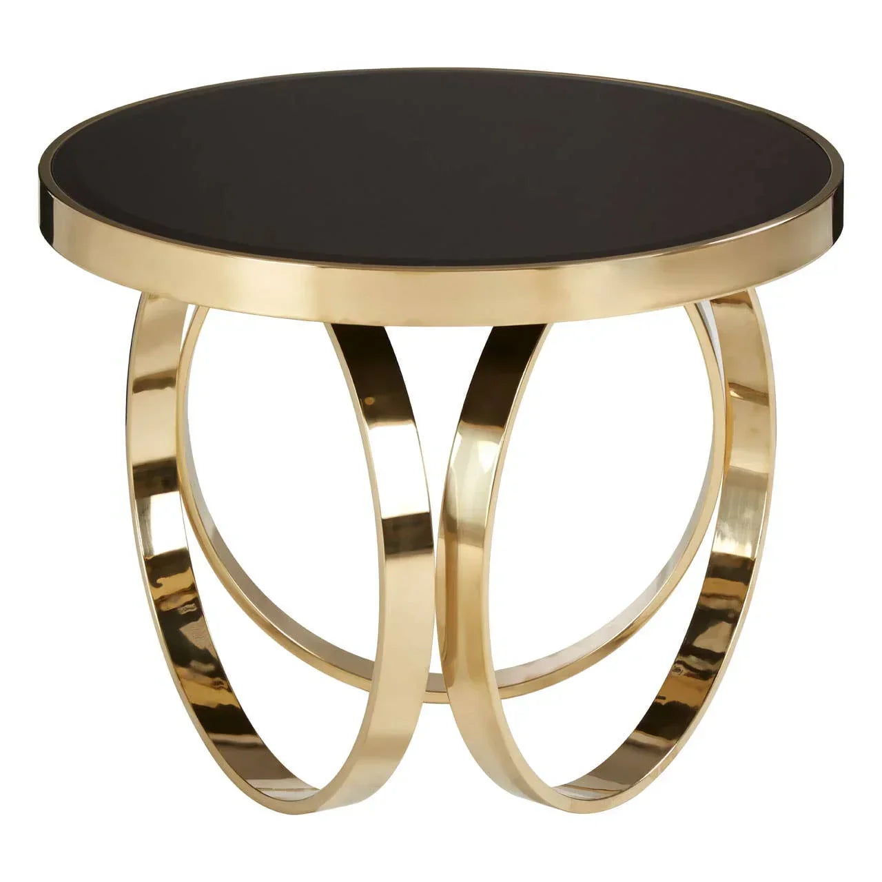 Round black glass side table with gold metal base and curved legs