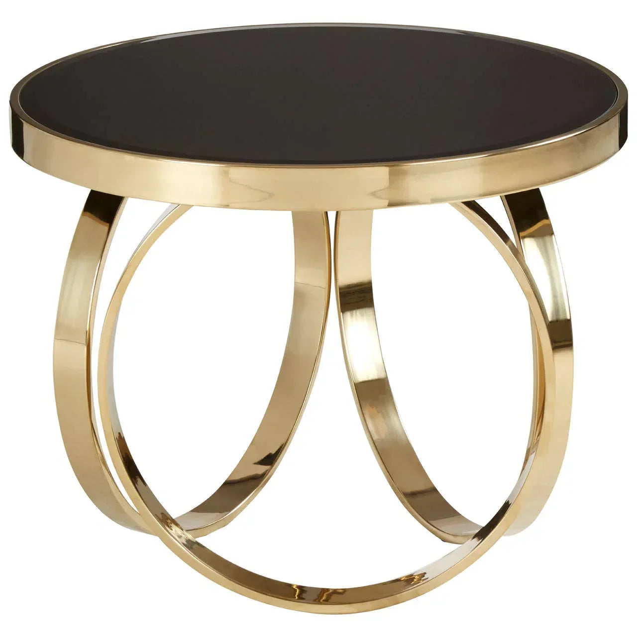 Round glass top coffee table with gold metal frame and curved legs