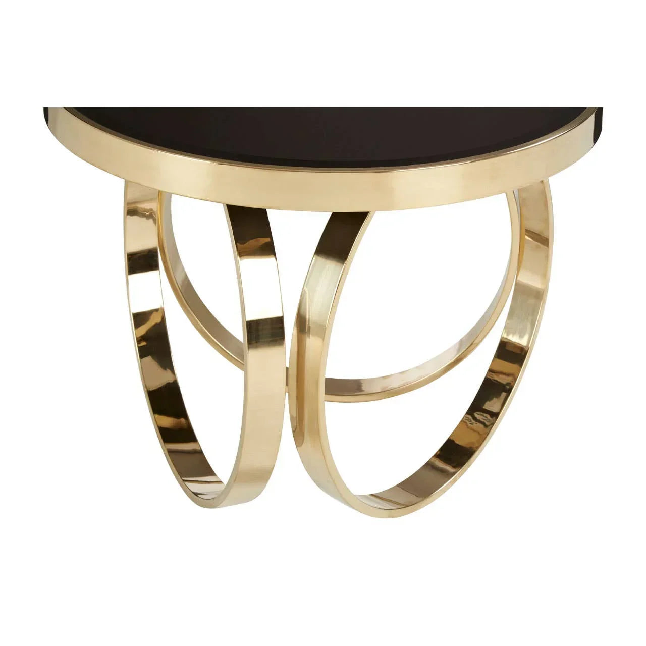 Round side table with black glass top and gold metal curved legs, modern accent furniture