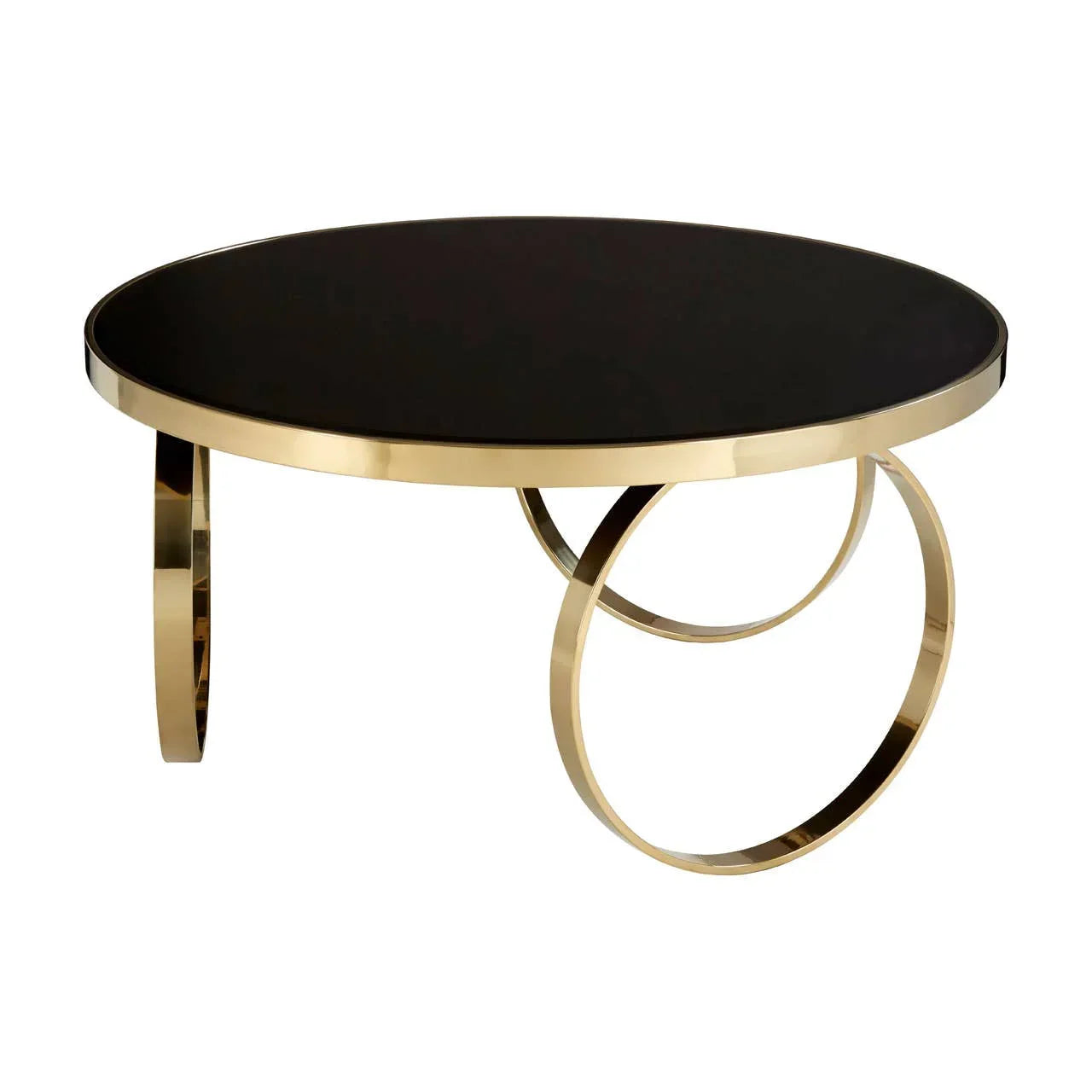 Round black glass coffee table with gold metal frame and circular base design