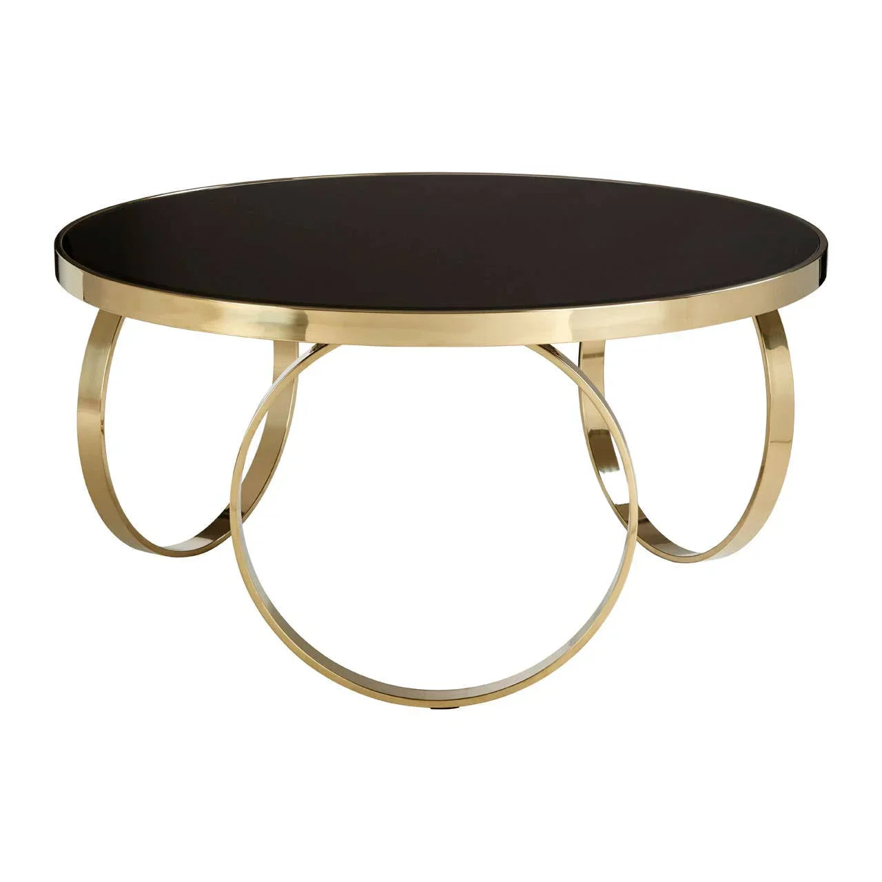 Round glass coffee table with gold metal frame and circular legs on white background