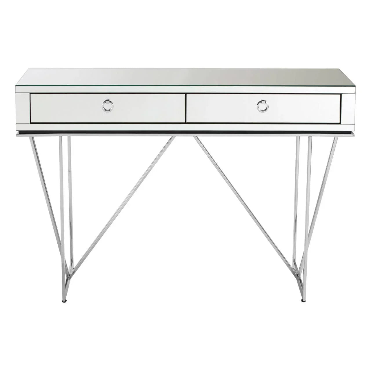 Mirrored console table with two drawers and chrome metal legs, front view