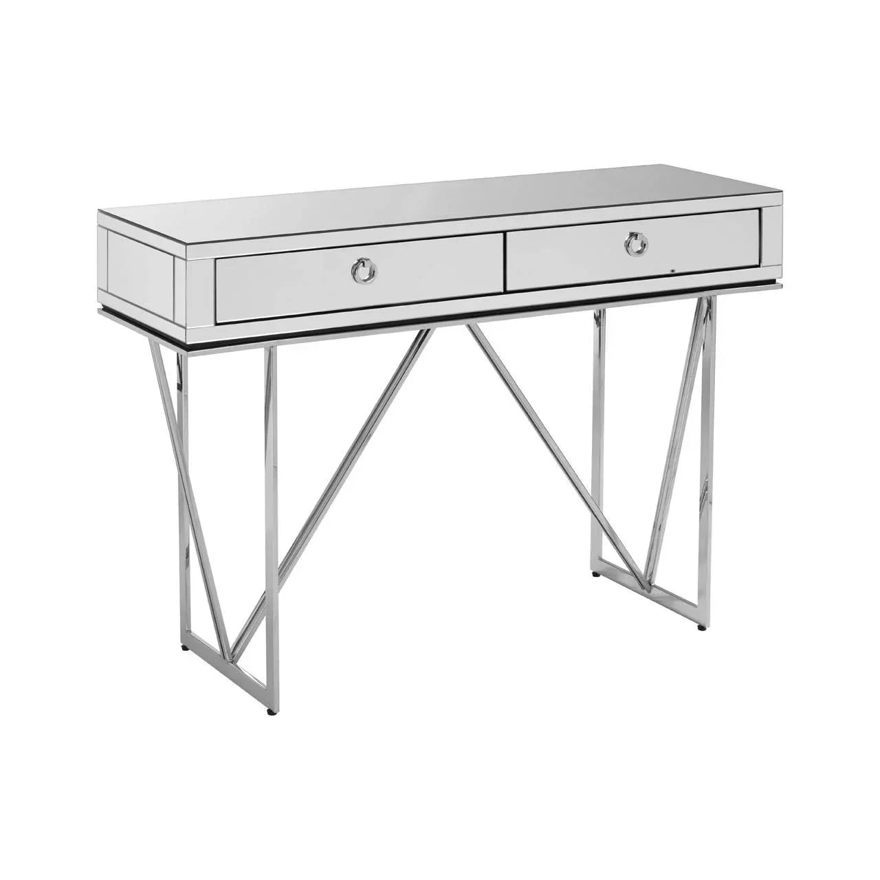 Mirrored console table with chrome legs and two drawers, modern hallway furniture