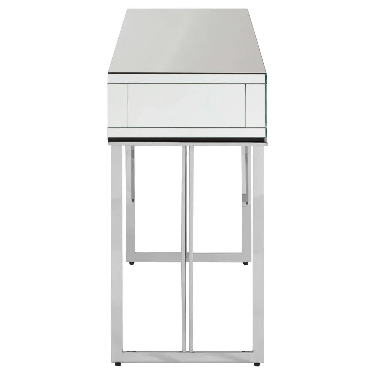 Mirrored console table with chrome legs and front drawer detail, straight-on view