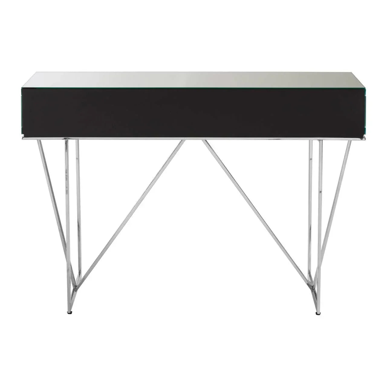 Black console table with glass top and chrome geometric metal legs, front view