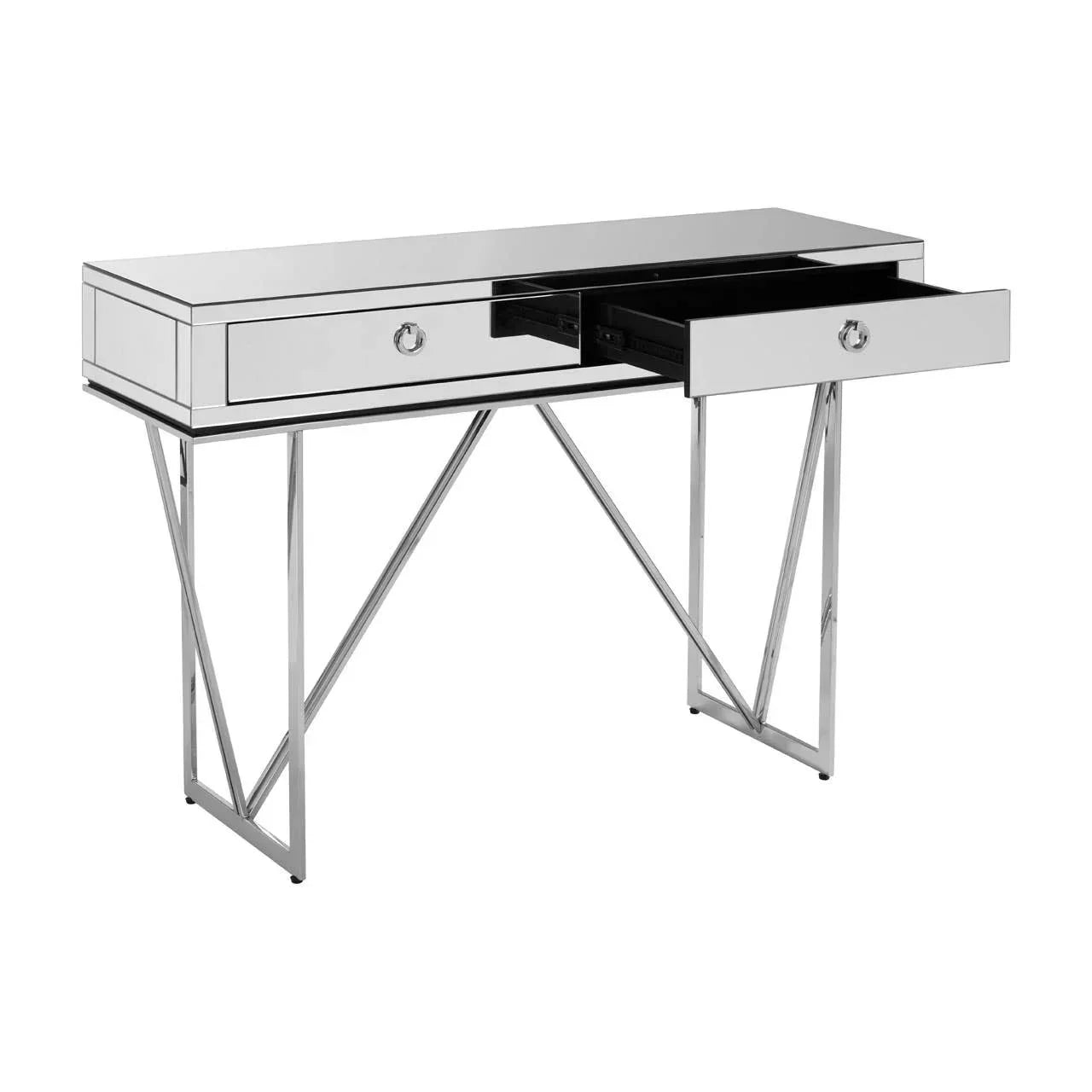 Mirrored console table with chrome frame and two open drawers, contemporary style