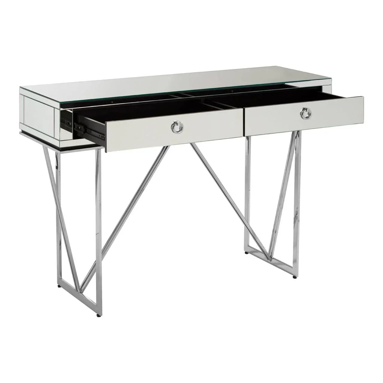 Mirrored console table with chrome legs and two open drawers