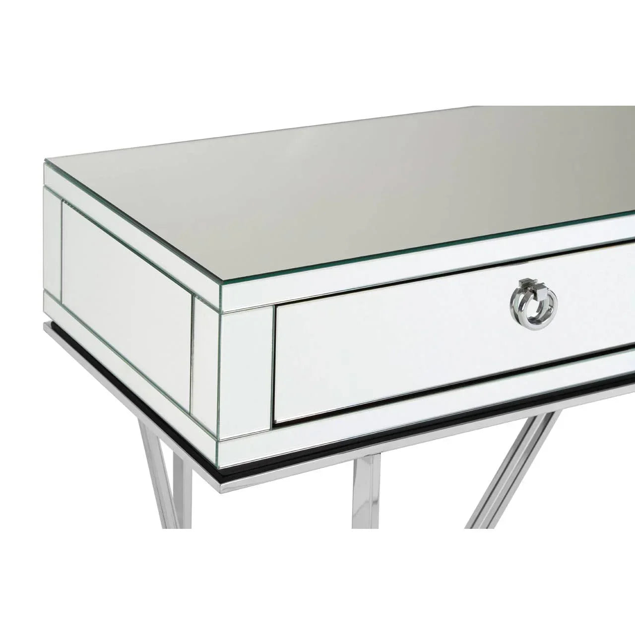Mirrored console table with chrome drawer handle and angled metal legs