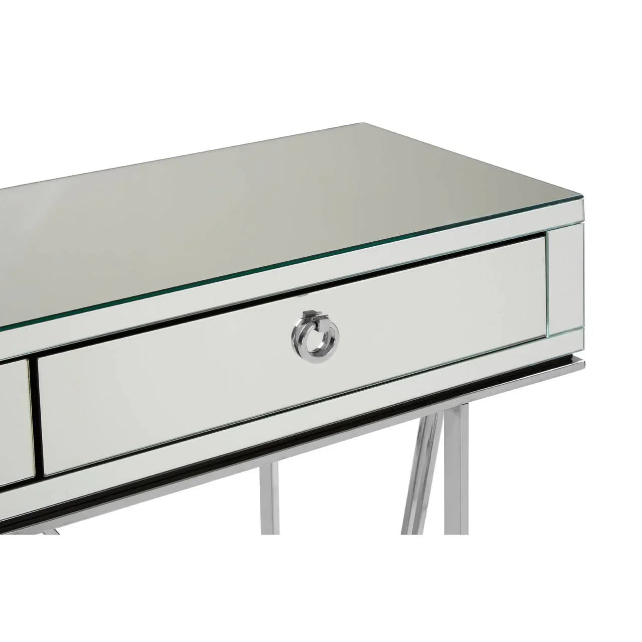 Mirrored console table with drawer and chrome ring handle, close up of top and legs