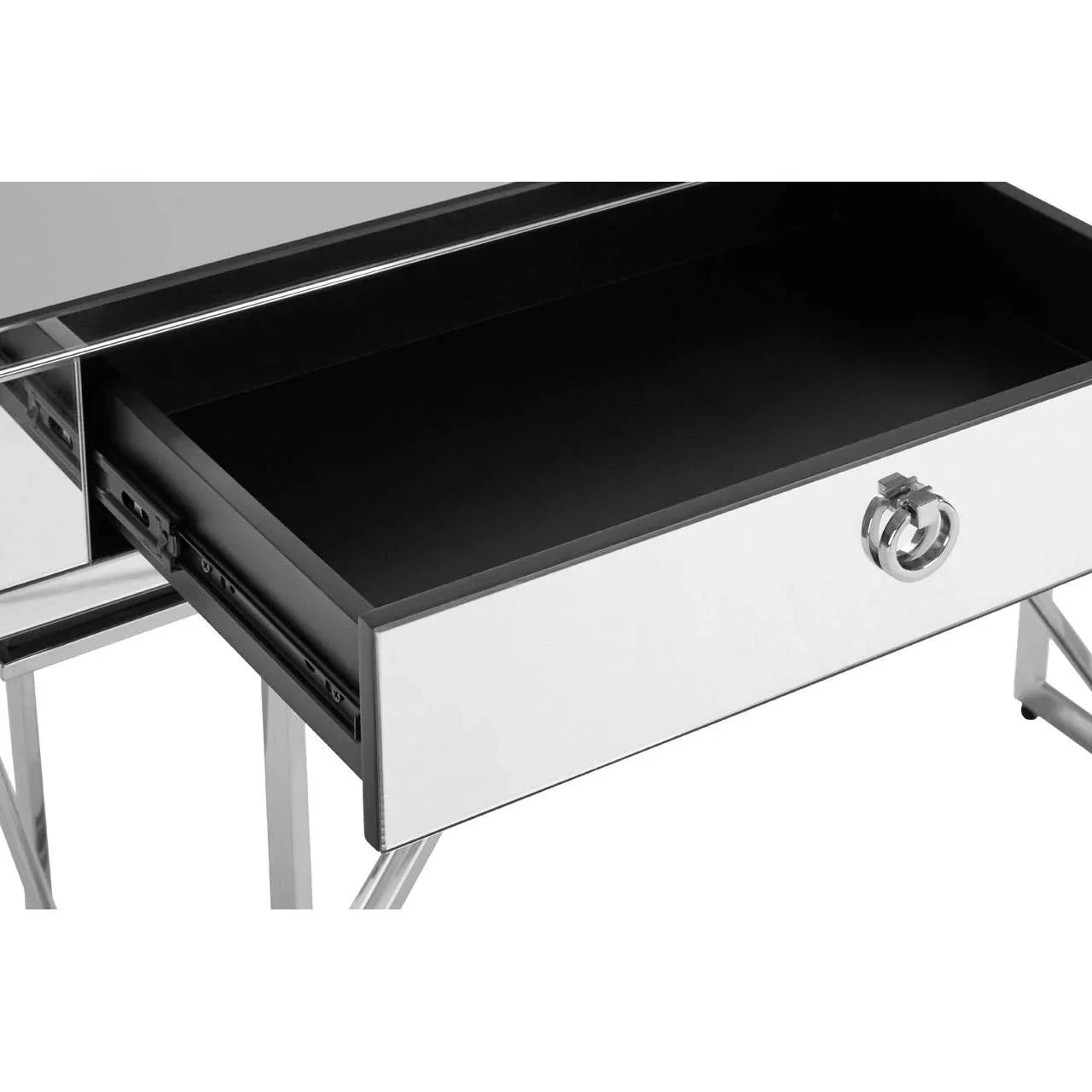 Mirrored dressing table drawer with chrome handle and metal legs, open view