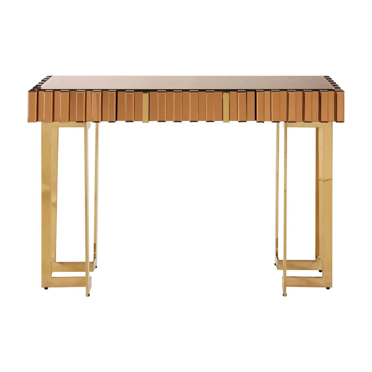 Gold console table with rectangular wooden top and geometric leg design