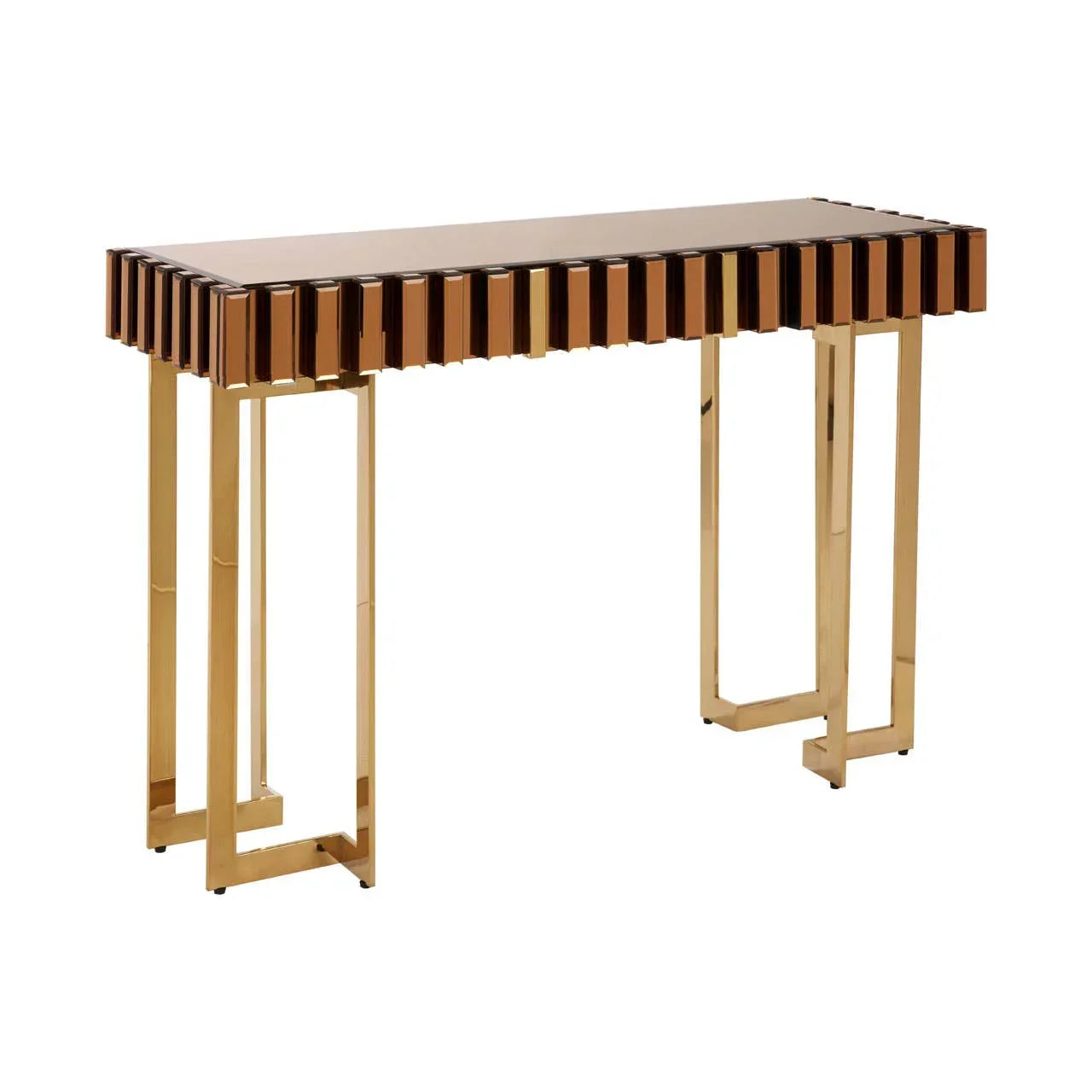 Gold console table with geometric metal legs and glossy ridged edge detail