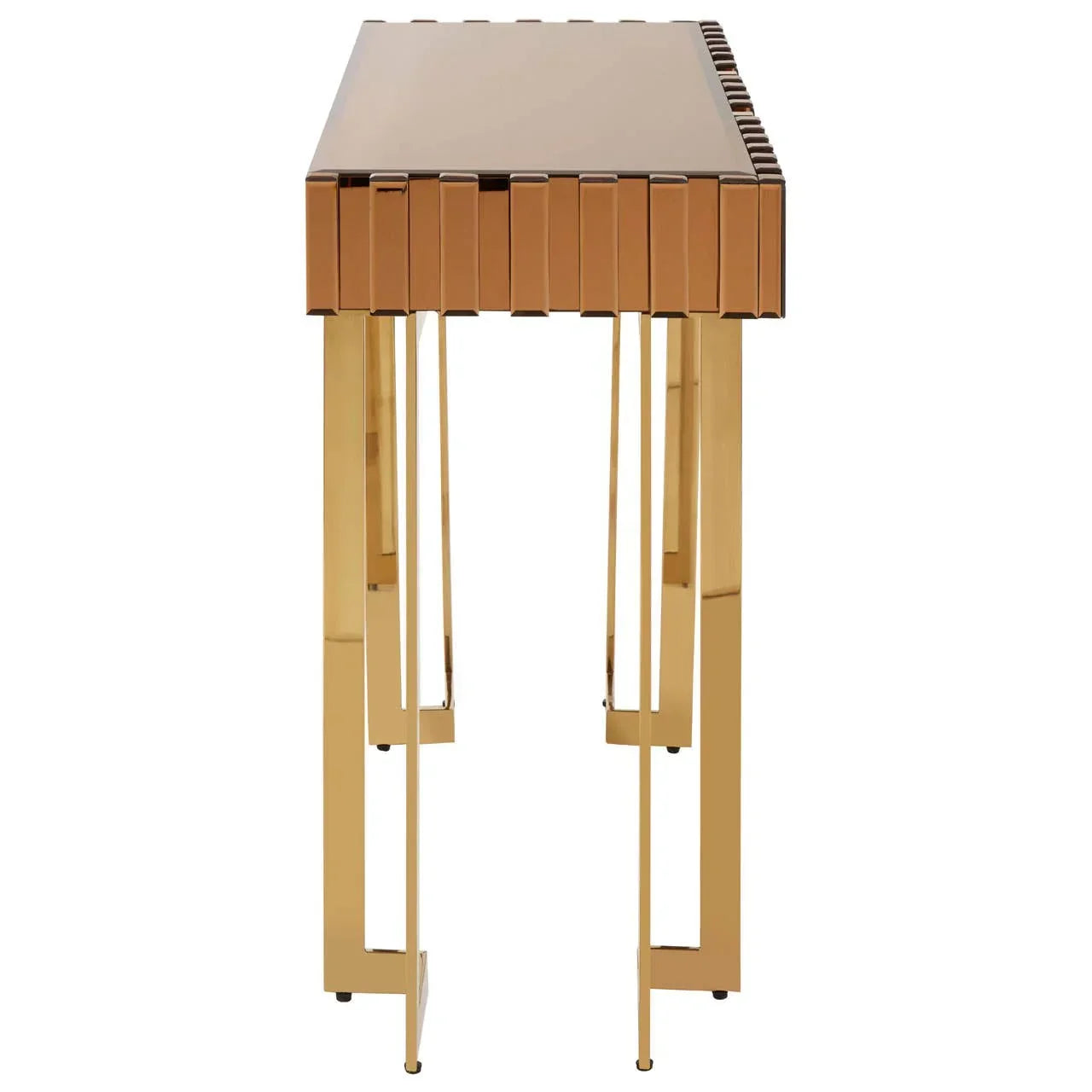 Gold console table with mirrored surface and geometric metal legs, side view