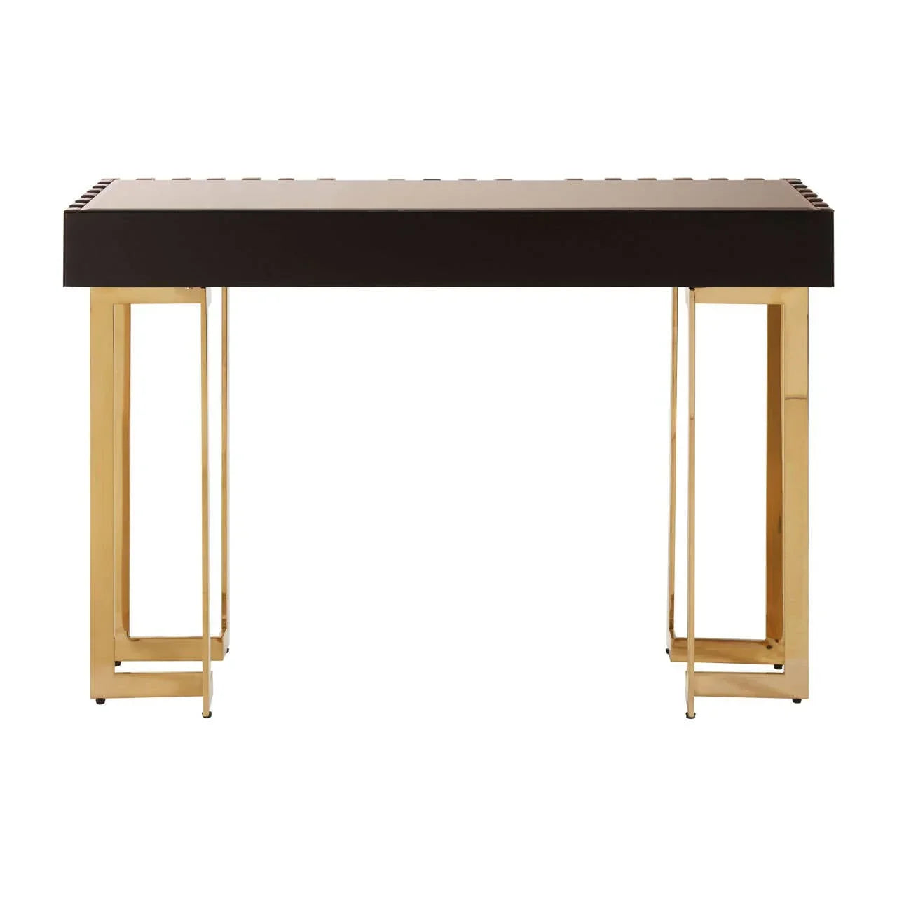 Modern console table with dark rectangular top and gold metal legs, front angle view