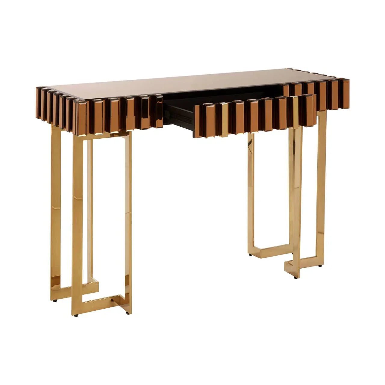 Gold metal console table with ribbed drawer front and rectangular top