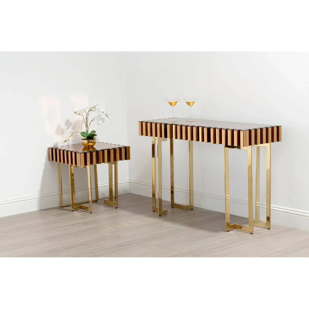 Striped wood and gold console table and side table set with gold legs in modern living room