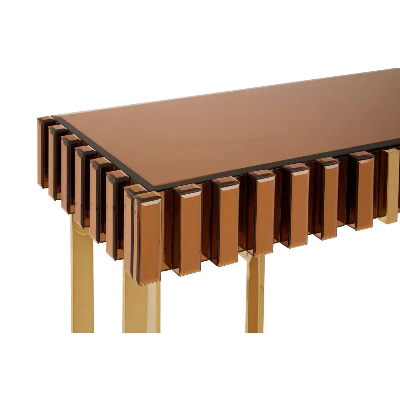 Modern console table with bronze mirrored panels and gold metal legs, close-up corner view
