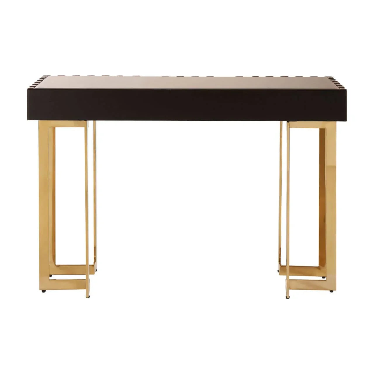 Modern console table with black rectangular top and gold metal legs