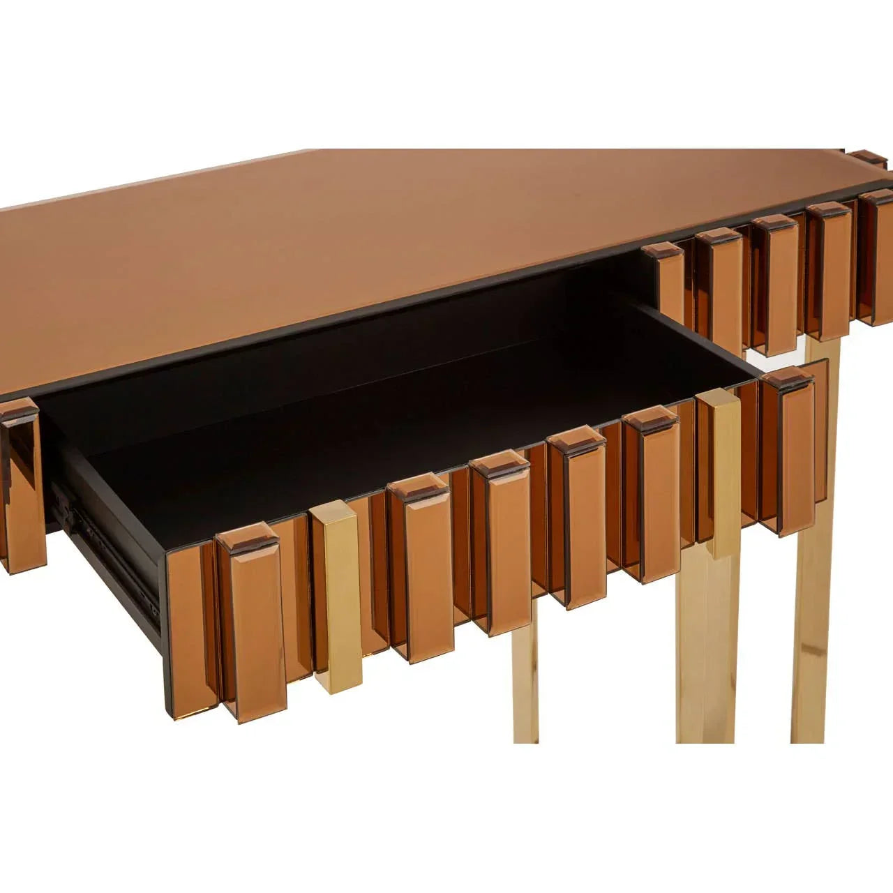 Bronze mirrored console table with open drawer and gold geometric accents