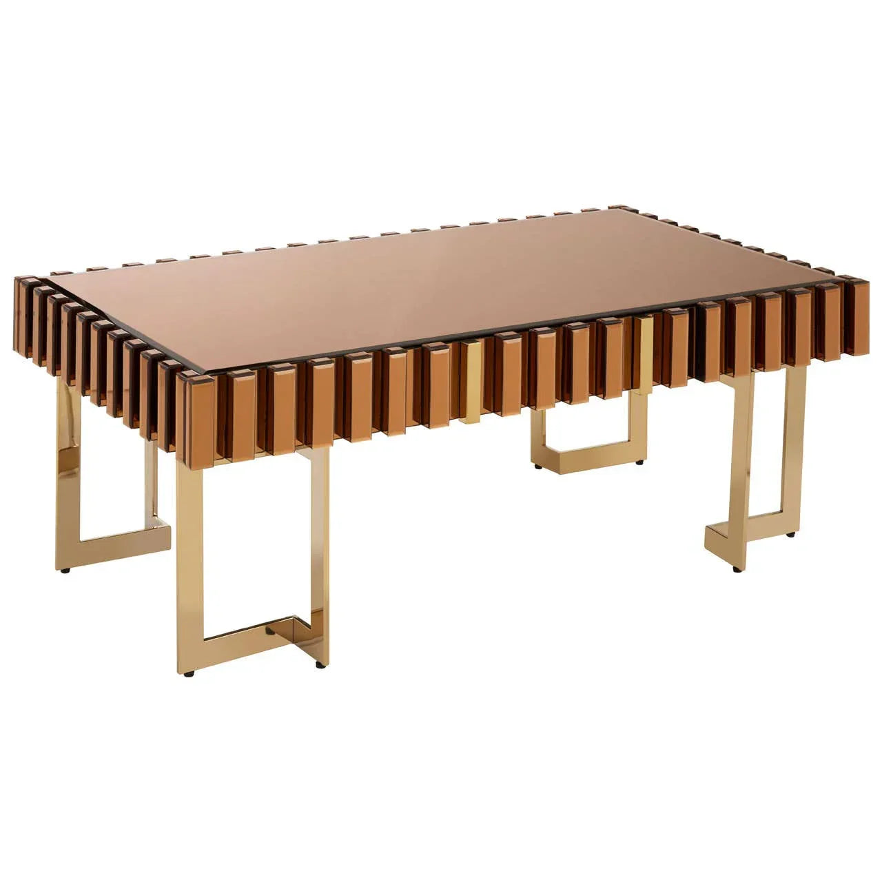 Rectangular gold coffee table with mirrored glass top and geometric metal legs