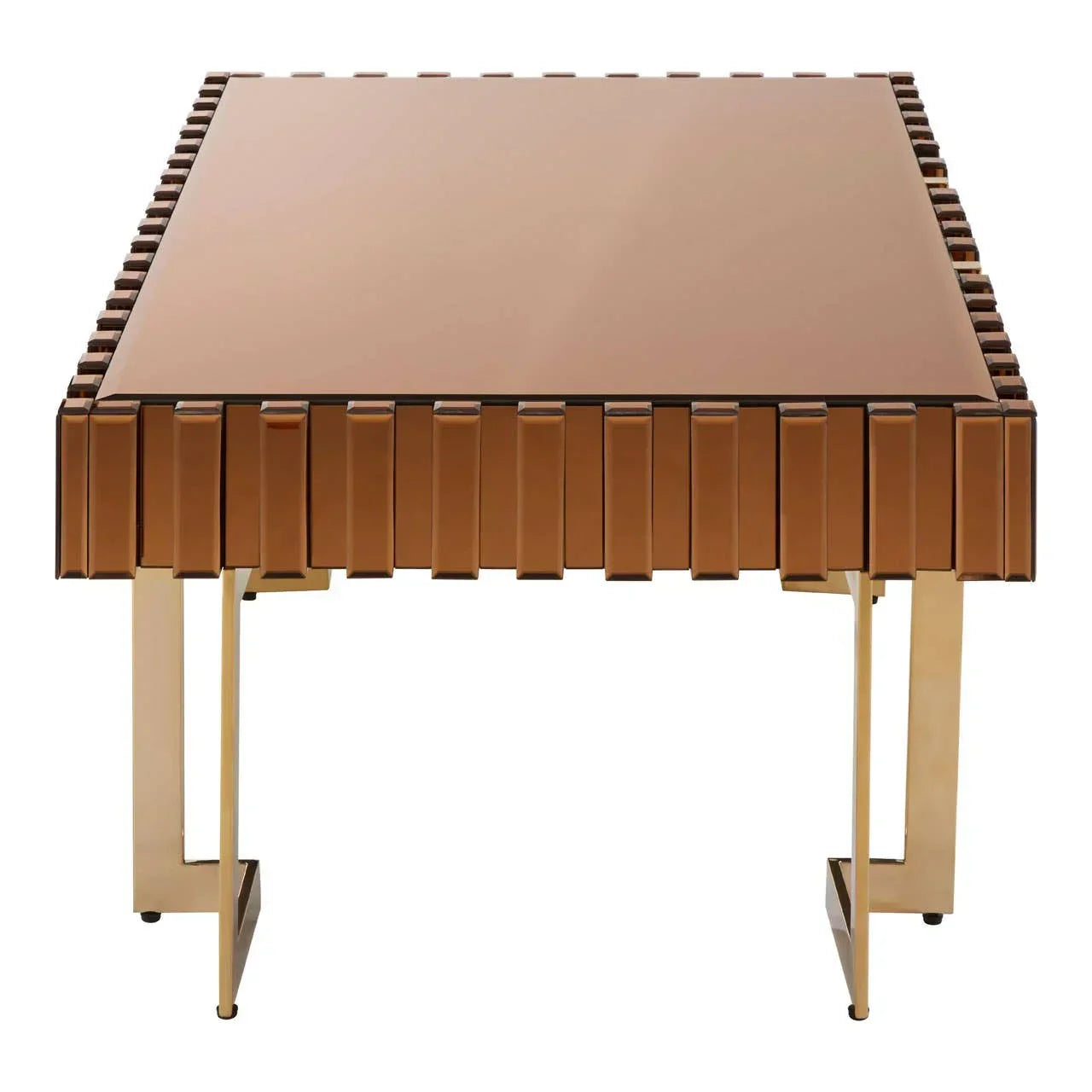 Rectangular bronze glass coffee table with decorative edges and gold metal legs