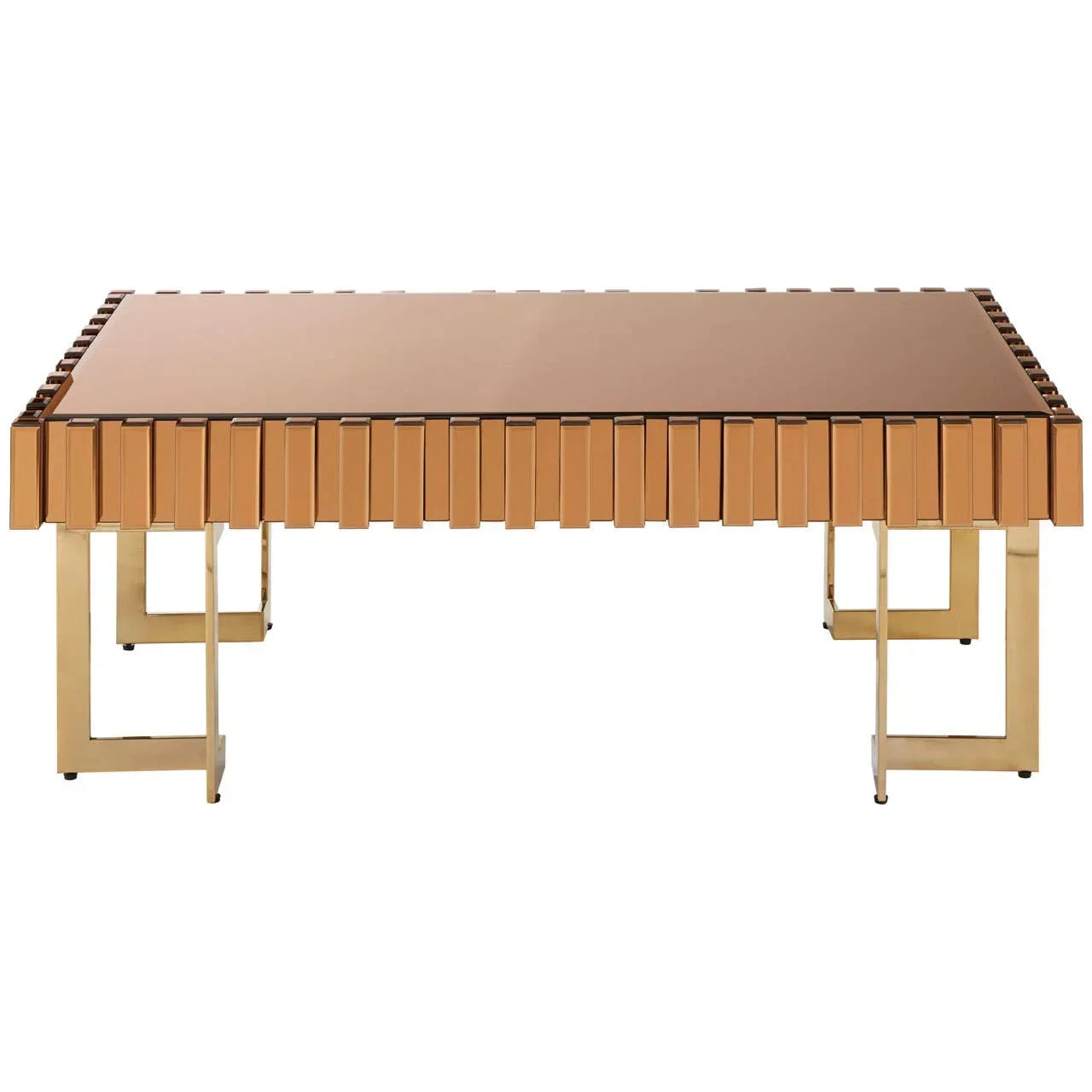 Rectangular coffee table with bronze mirrored top and gold metal legs