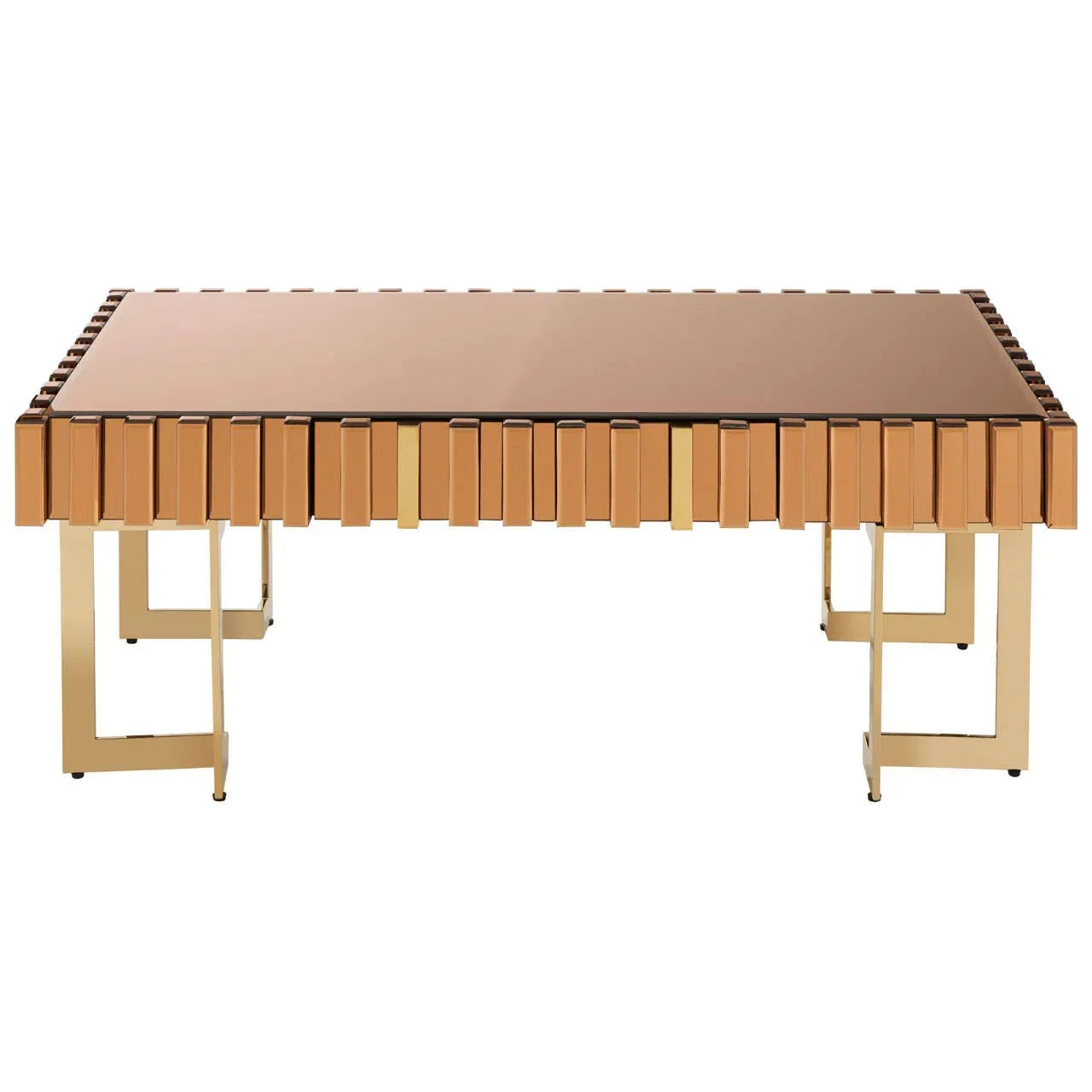 Gold metal coffee table with geometric leg design and mirrored top, front angle view