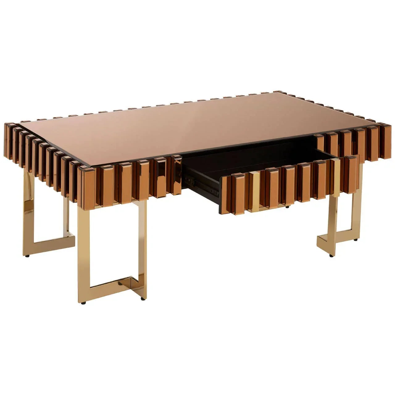 Modern coffee table with bronze glass top, gold metal legs, and front storage drawer open