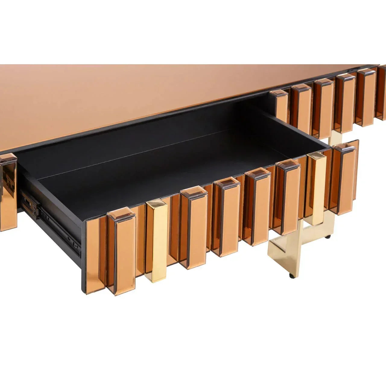 Bronze and gold mirrored coffee table with open drawer and geometric front panel design