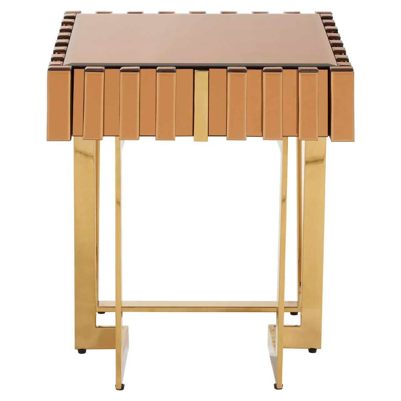 Modern gold side table with mirrored top and geometric block detailing on edges