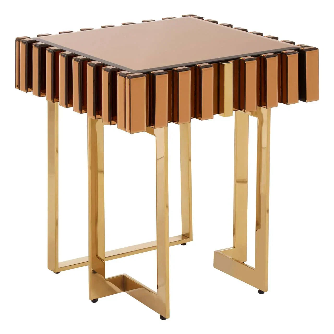 modern gold metal side table with square mirrored top and geometric legs