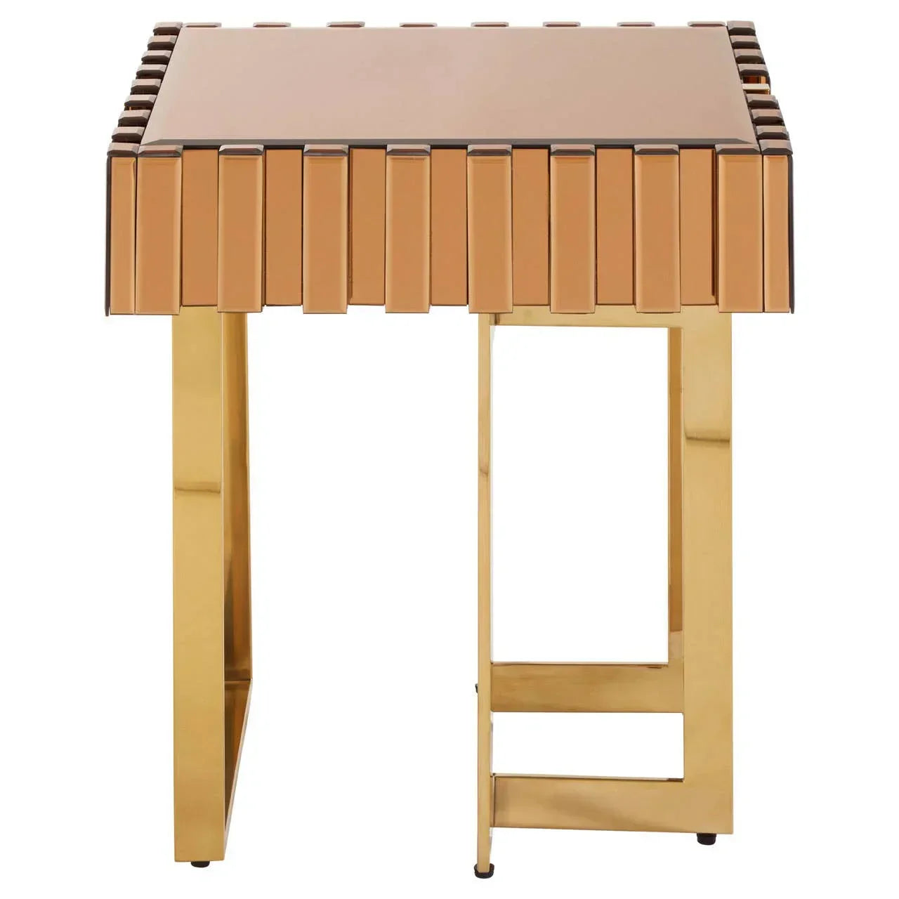 Gold mirrored side table with rectangular top and geometric metal legs, front view
