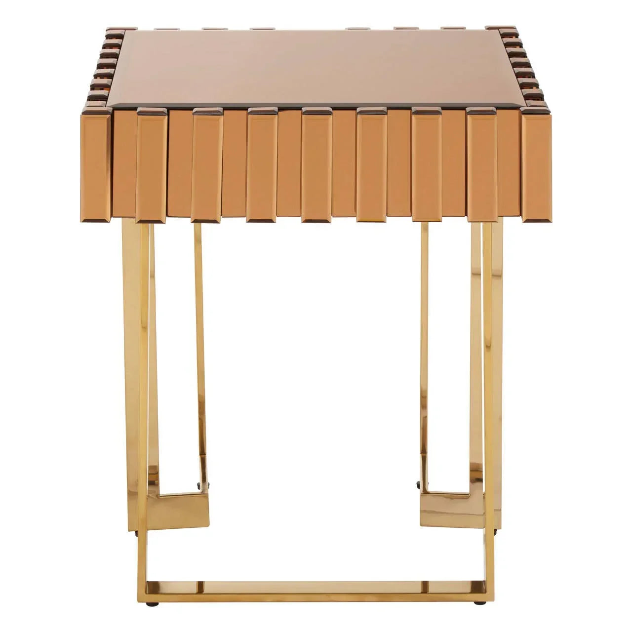 Gold mirrored side table with geometric edges and reflective metal frame, front view