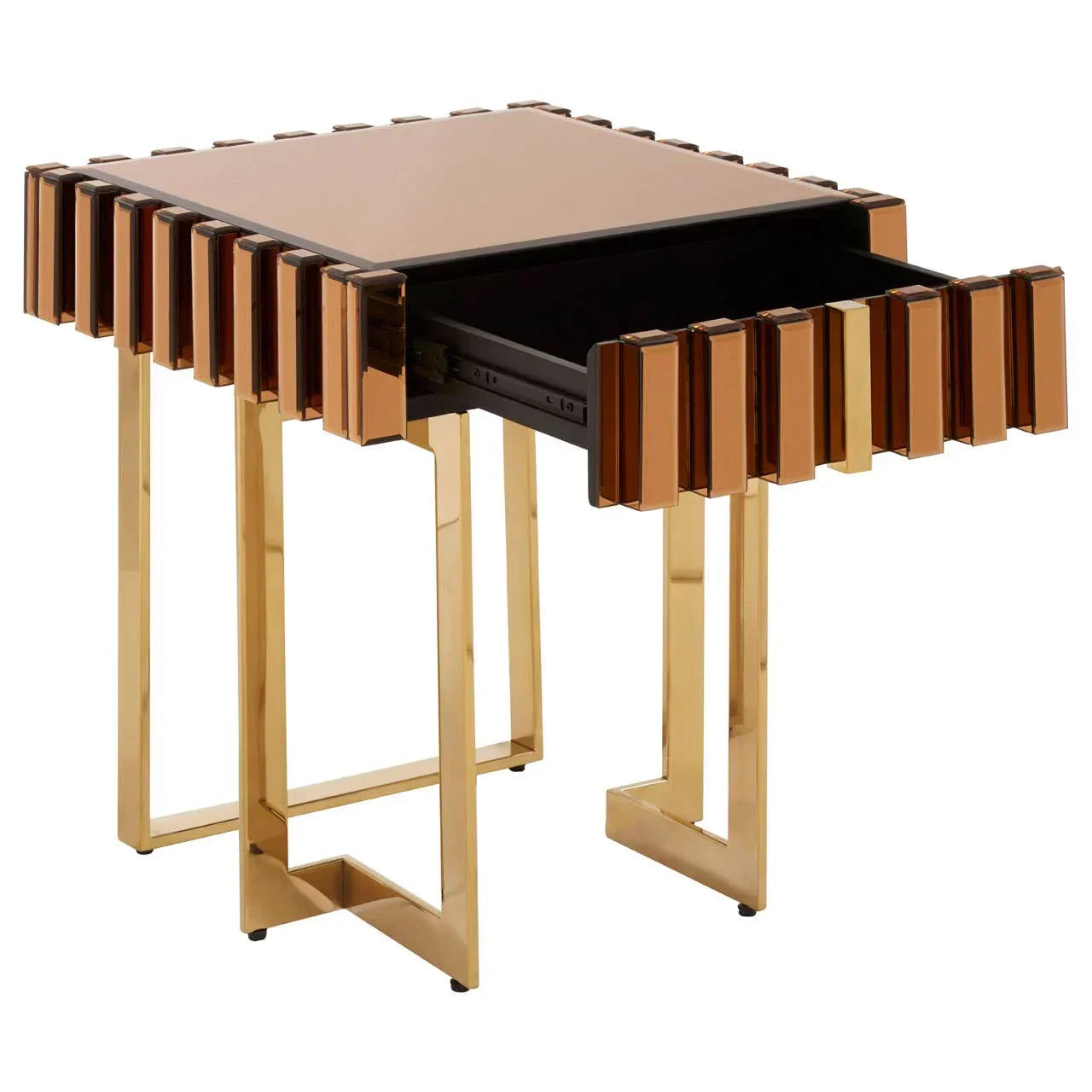 Gold accent side table with glass top and open drawer on metallic legs