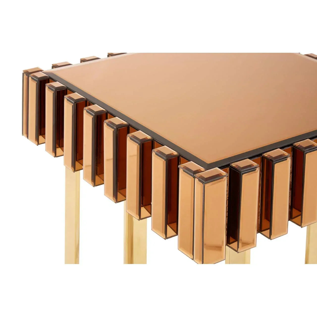 Bronze mirrored side table with geometric glass panels and gold metal legs, close-up view