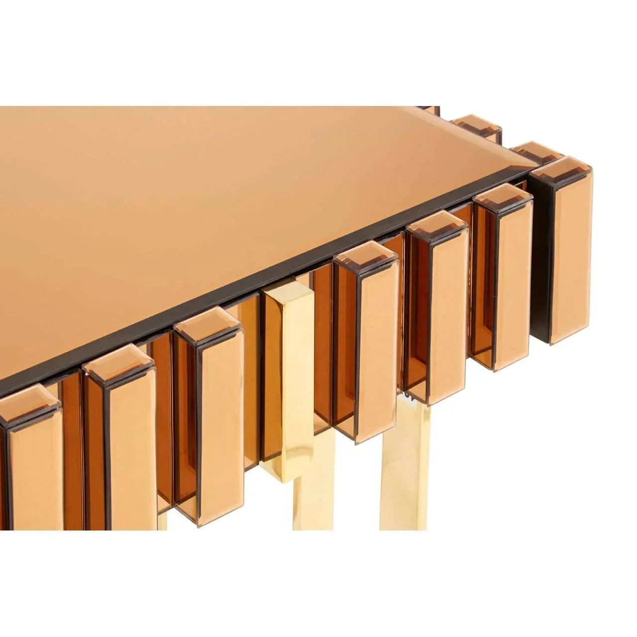 Gold mirrored console table with geometric rectangular accents and glossy finish