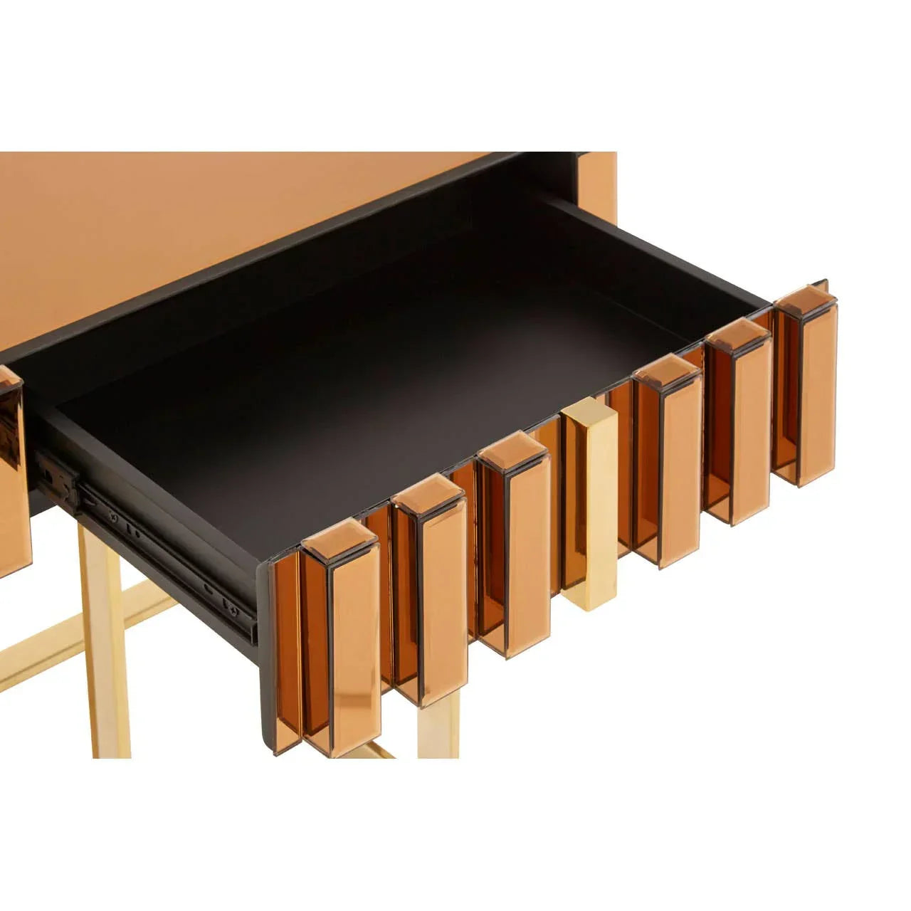 Gold mirrored console table drawer with geometric front detail and black interior