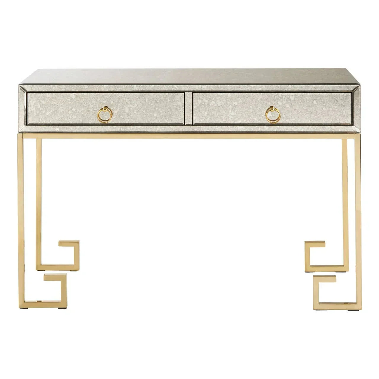 Mirrored console table with gold metal legs and two drawers, front view