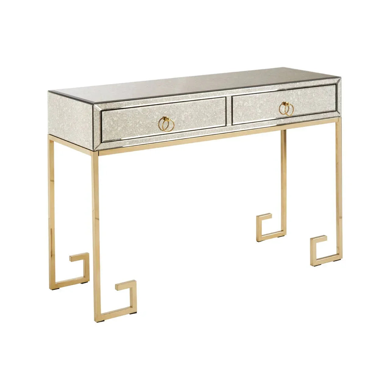 Mirrored console table with two drawers and gold metal legs, modern geometric design