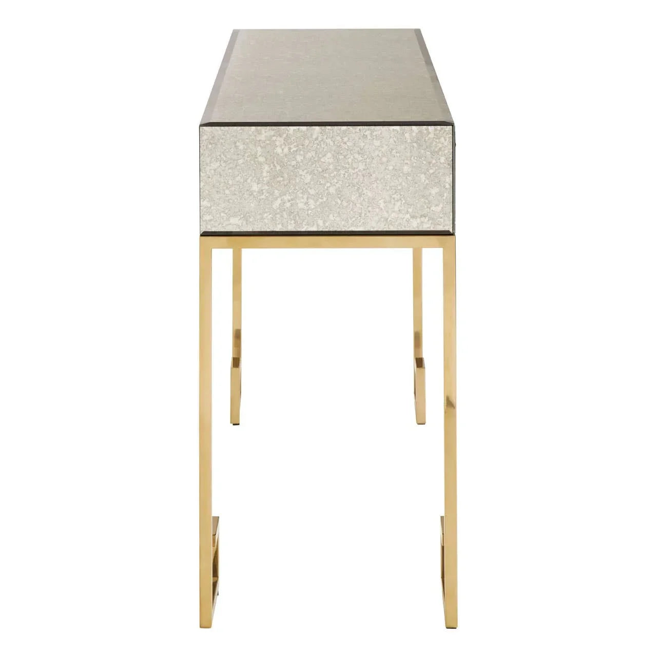 Console table with stone effect top and gold metal legs, front angle view