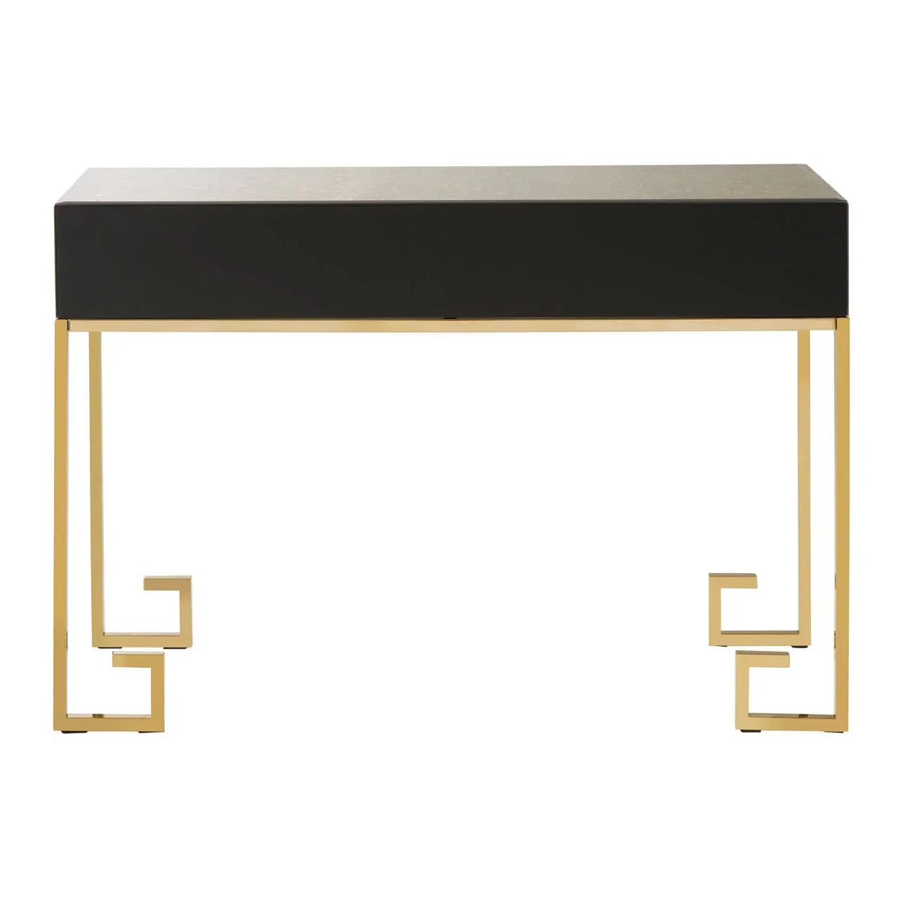 Black console table with gold metal frame and geometric Greek key legs